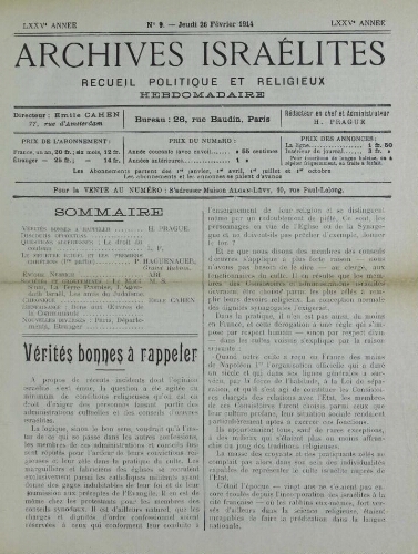 Archives israélites de France. Vol.75 N°09 (26 févr. 1914)